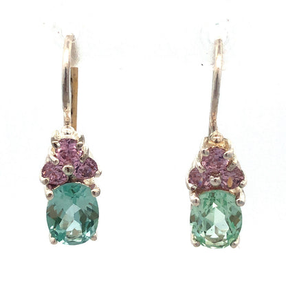 Designer HAN 925 Sterling Silver Oval Aquamarine Pink CZ Dangle Hook Earrings