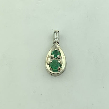 14K White Gold Emerald Diamond Baguette Accented Pear Shaped Pendant