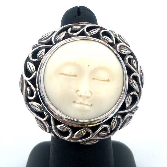 Vintage 925 Sterling Silver Round Carved Resin Moon Face Vine Statement Ring