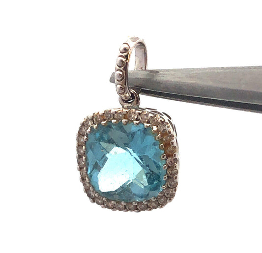 18K White Gold Cushion Cut Blue Topaz Diamond Halo October Anniversary Pendant