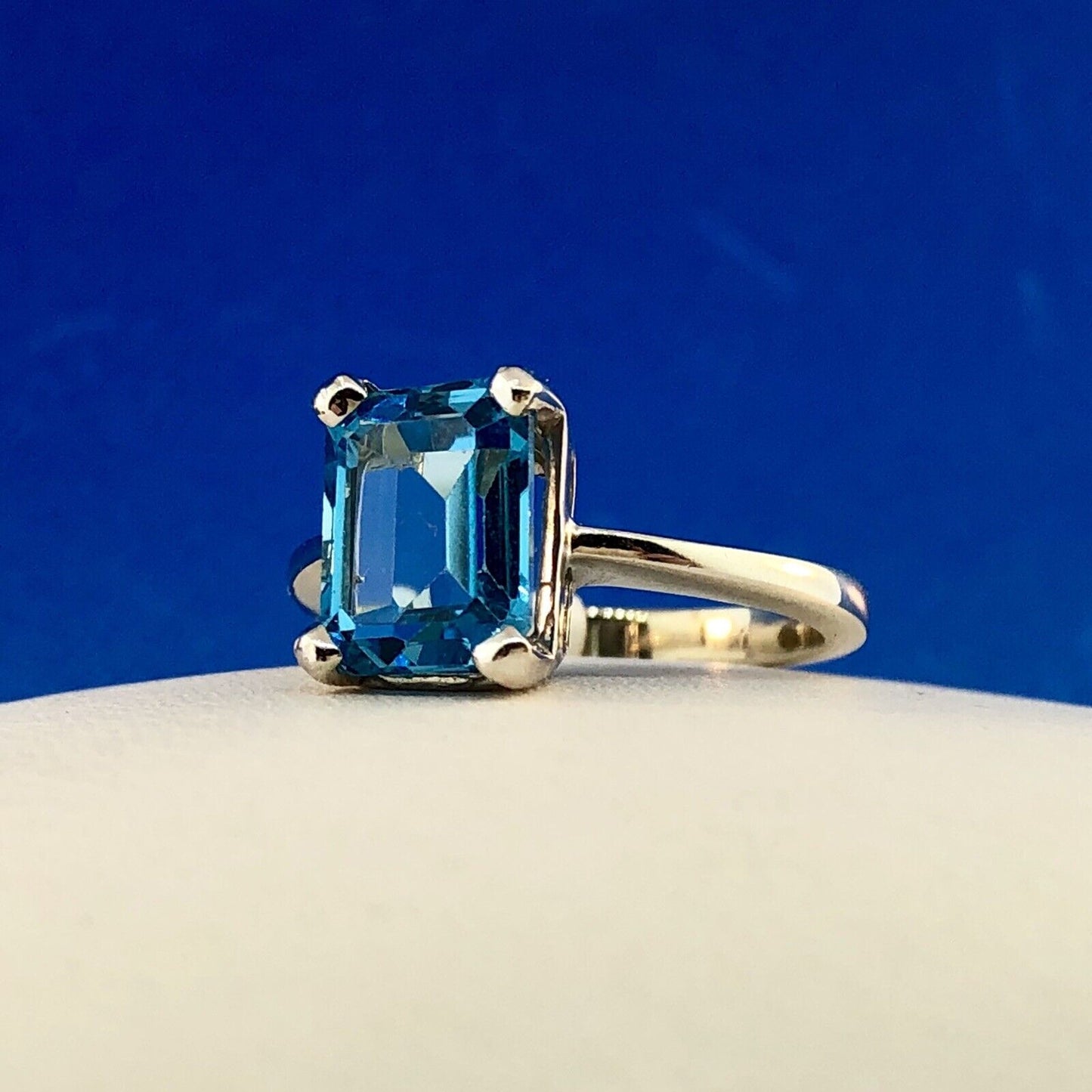 14K White Gold Emerald Cut Blue Topaz Solitaire Statement December Occasion Ring