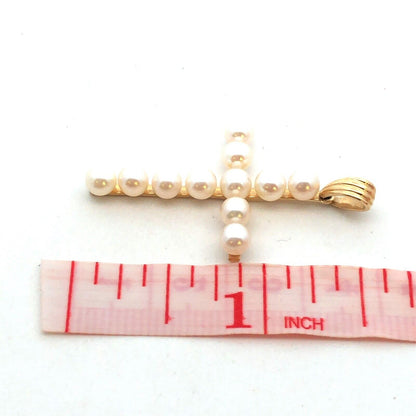 Designer 14K Yellow Gold Round White Pearl Cross Pendant