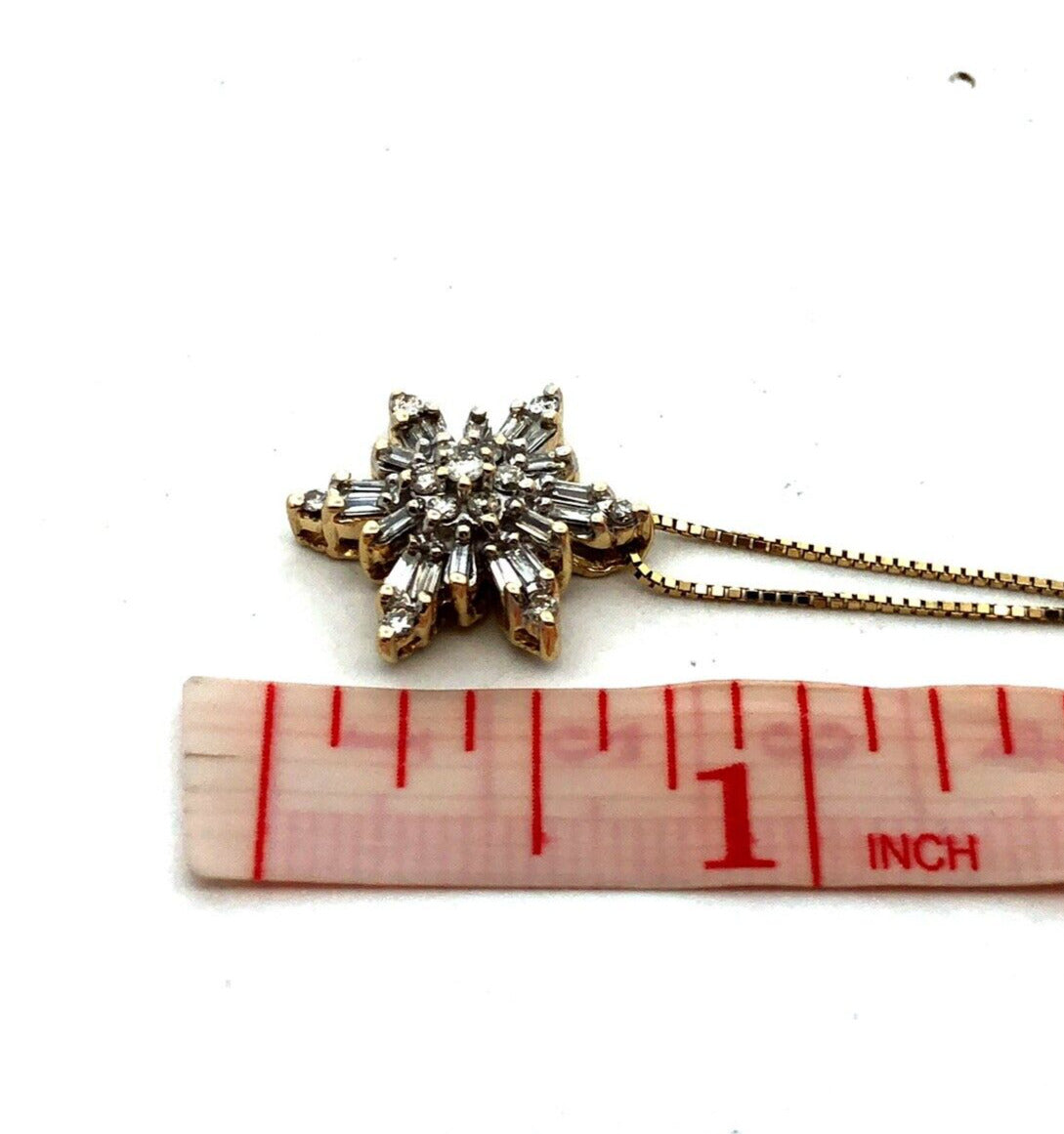 Designer AOL 14K Yellow Gold Baguette Diamond Cluster Snowflake Pendant Necklace