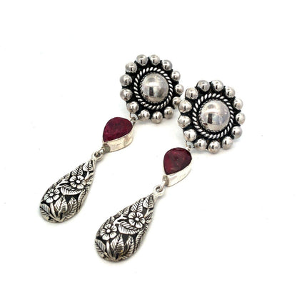Designer CII Mexico 925 Sterling Silver Pear Ruby Floral Dangle Stud Earrings