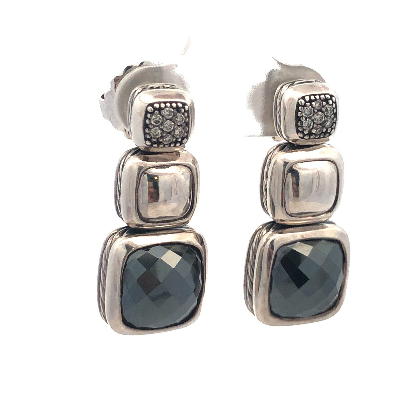 David Yurman 925 Sterling Silver Albion Cushion Cut Hematite Diamond Earrings