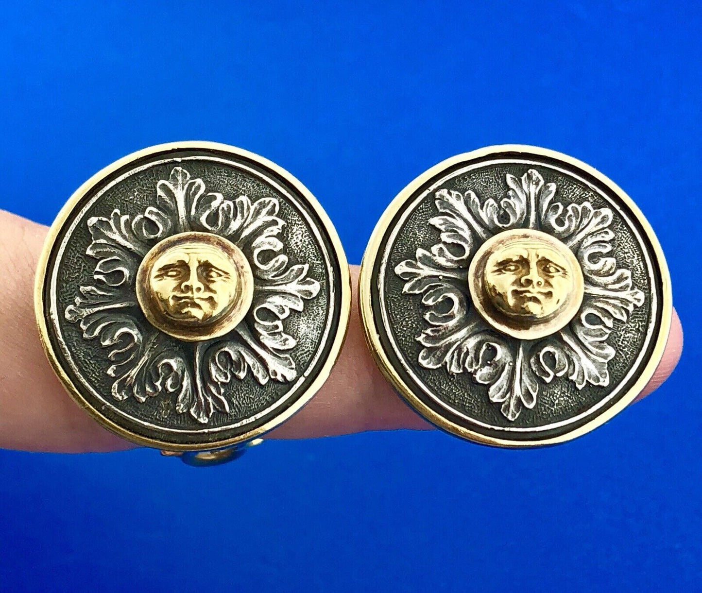 Signed Paul Lantuch 18K Yellow Gold 925 Sterling Silver Mask Disc Earrings