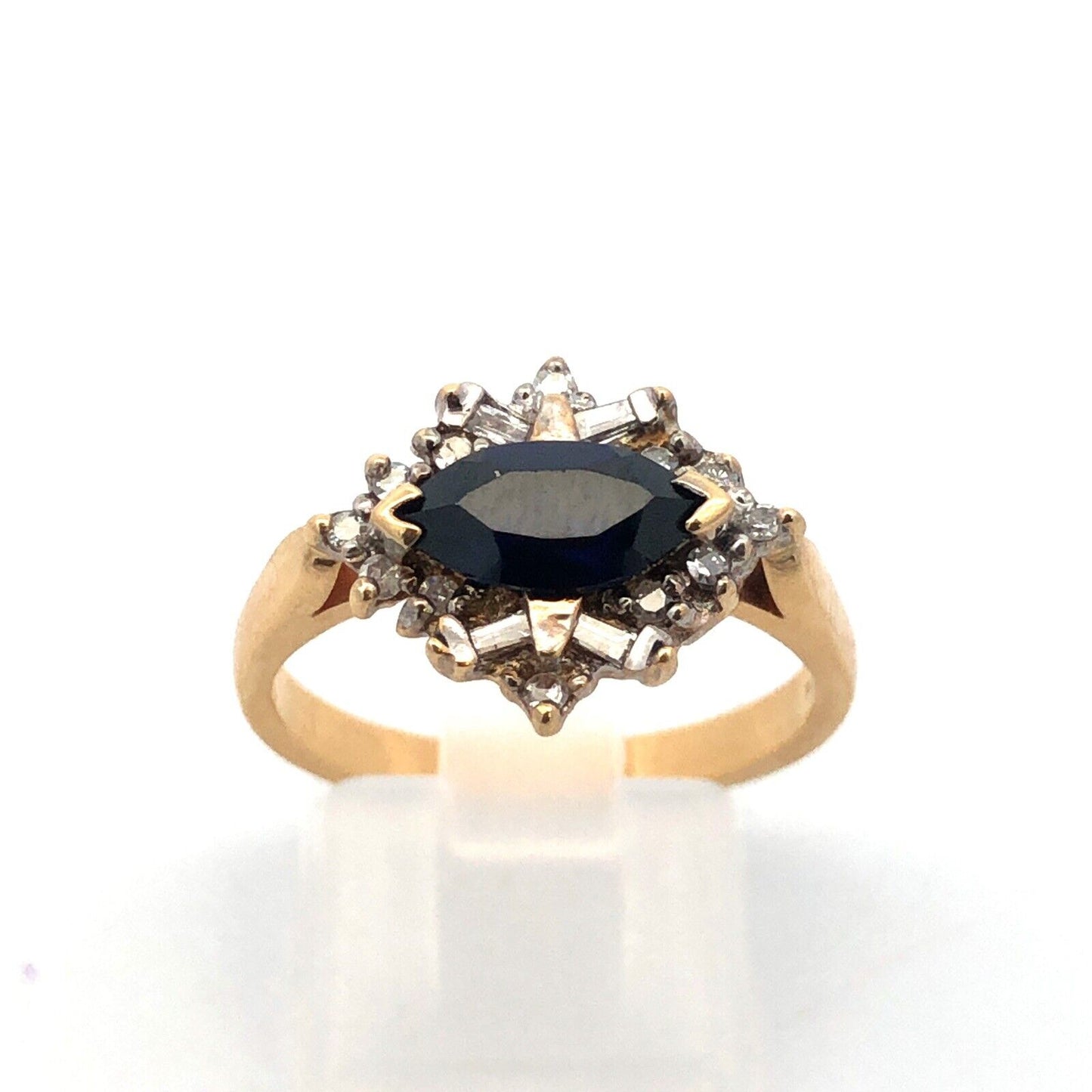 14k Yellow Gold Designer Marquise Cut Blue Sapphire Diamond Accented Ring