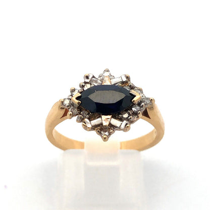 14k Yellow Gold Designer Marquise Cut Blue Sapphire Diamond Accented Ring
