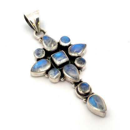 Vintage 925 Sterling Silver Pear Round Moonstone Cabochon Cross Pendant