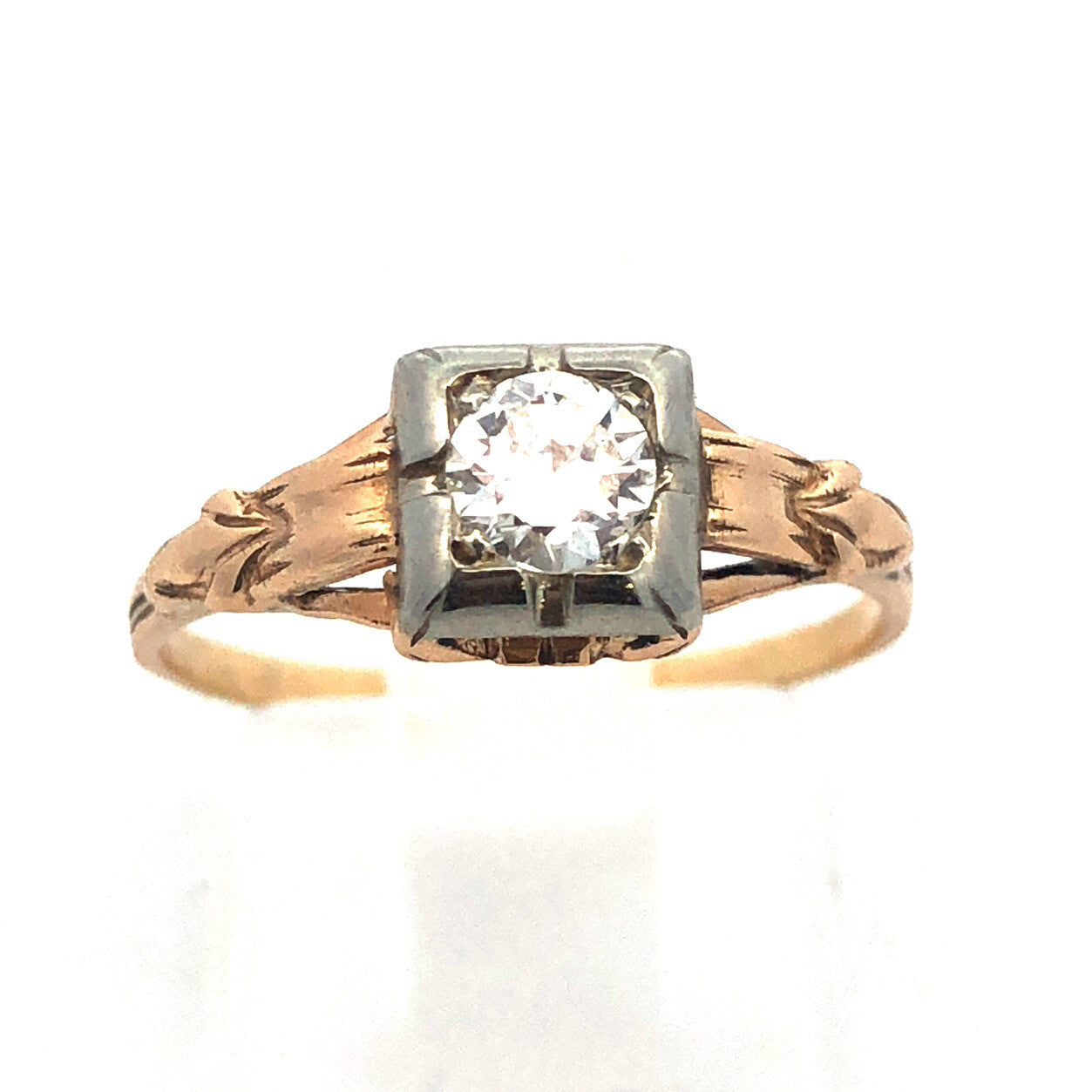 Art Nouveau Art Deco 14K Yellow Gold Diamond Solitaire Engagement Bridal Ring