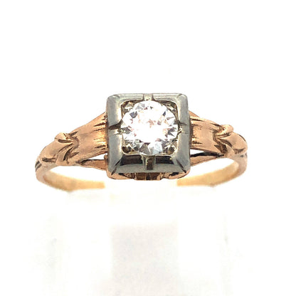 Art Nouveau Art Deco 14K Yellow Gold Diamond Solitaire Engagement Bridal Ring