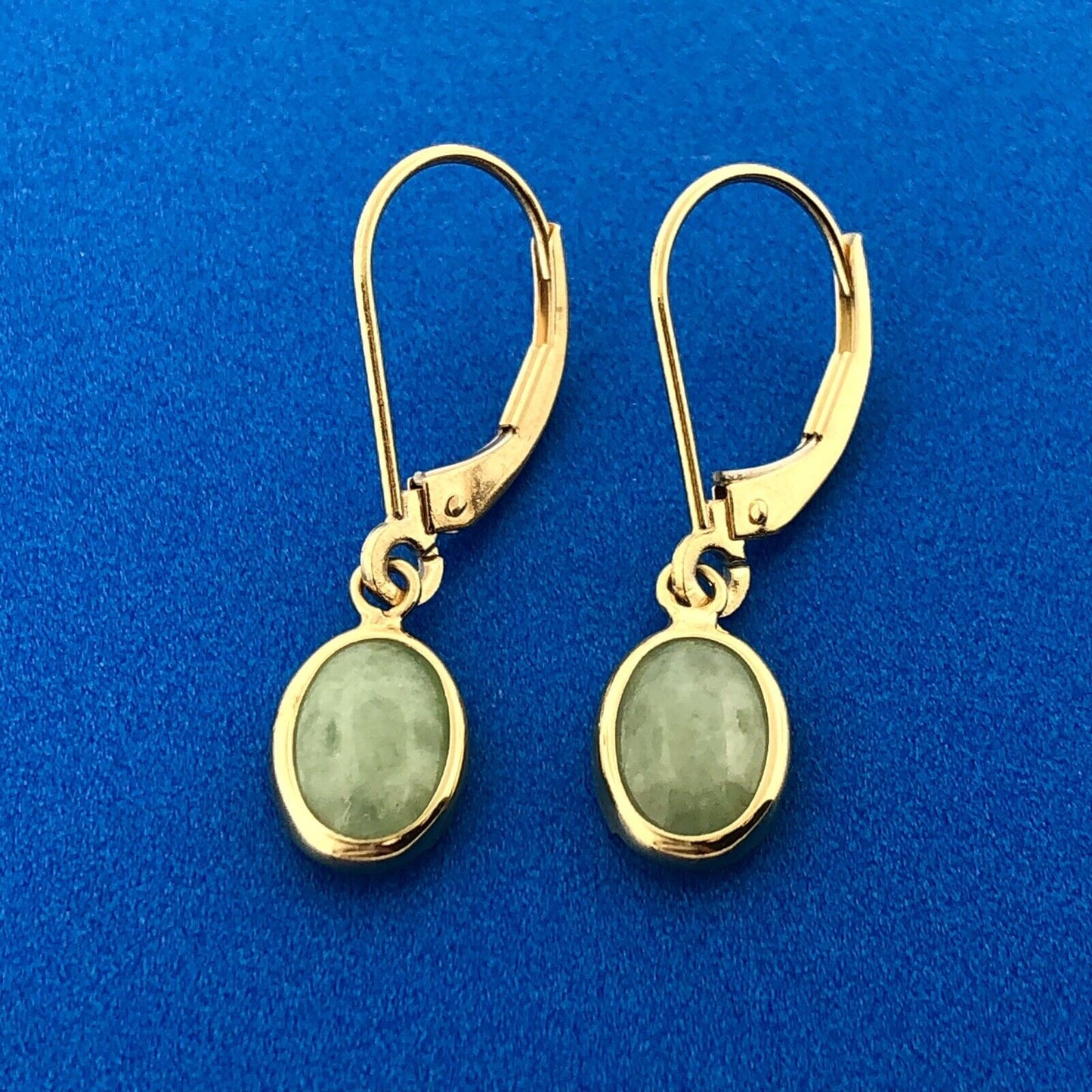 Designer Mexico 14K Yellow Gold Oval Green Chalcedony Lever Hook Dangle Earrings