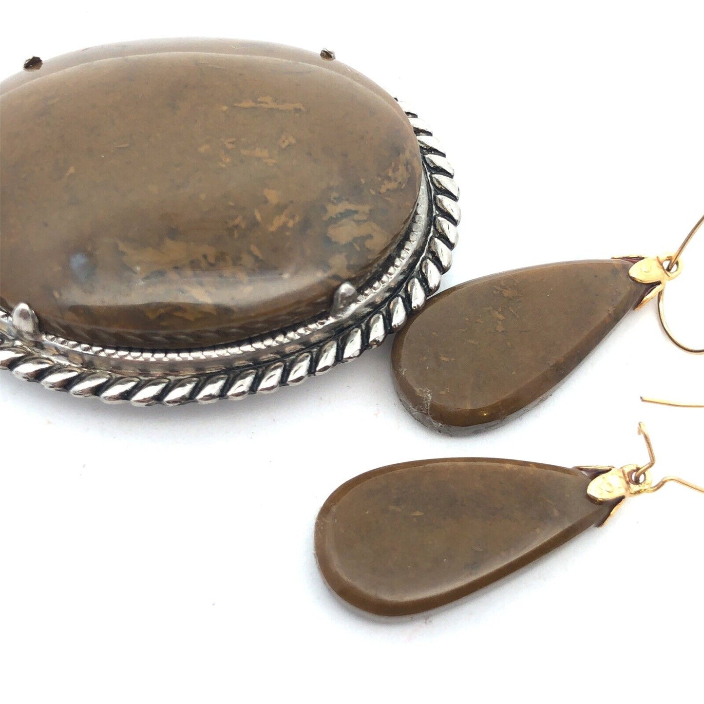 Vintage Southwest Silver Tone Petrified Wood Cabochon Brooch Earrings 3 Pc Set