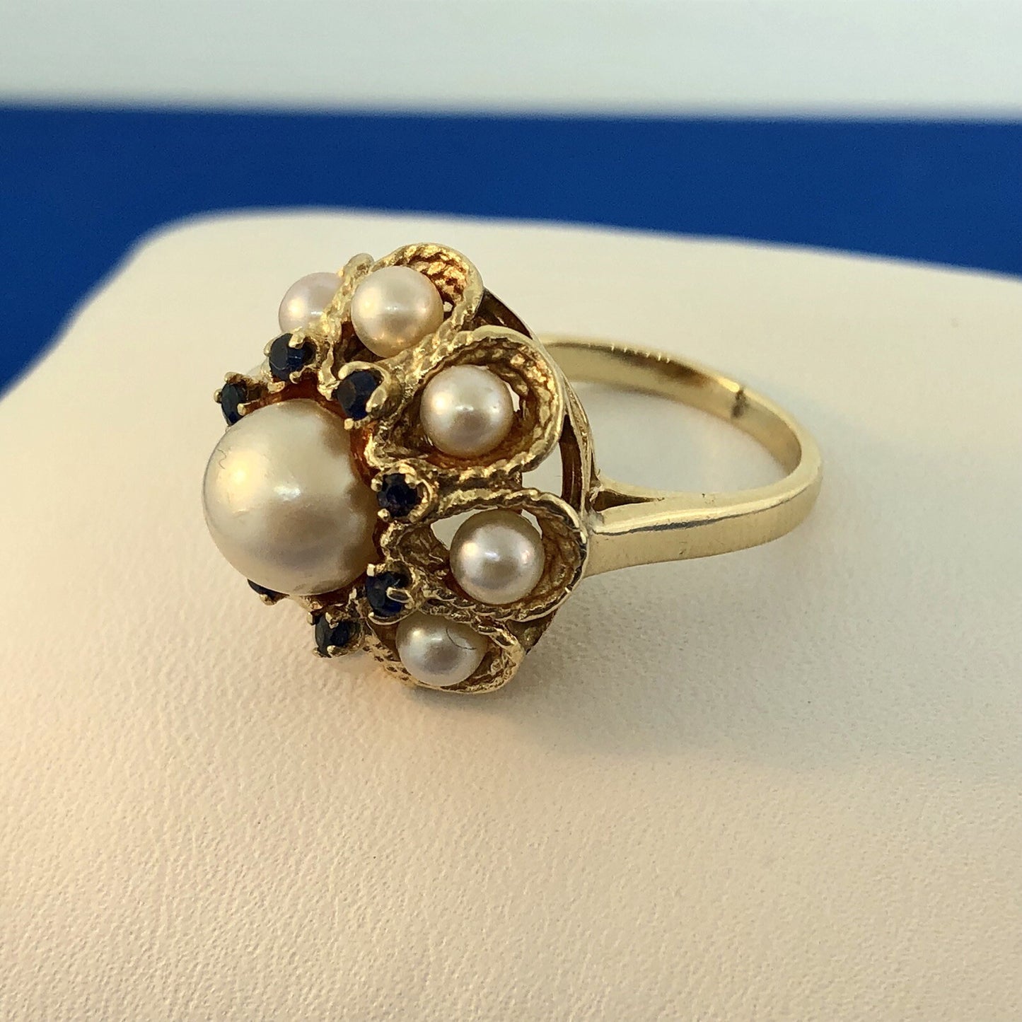 Vintage 14K Yellow Gold Pearl Sapphire Princess Style Cocktail Ring