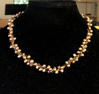 Designer 925 sterling Silver Bronze Pearl Smoky Topaz Cluster Statement Necklace