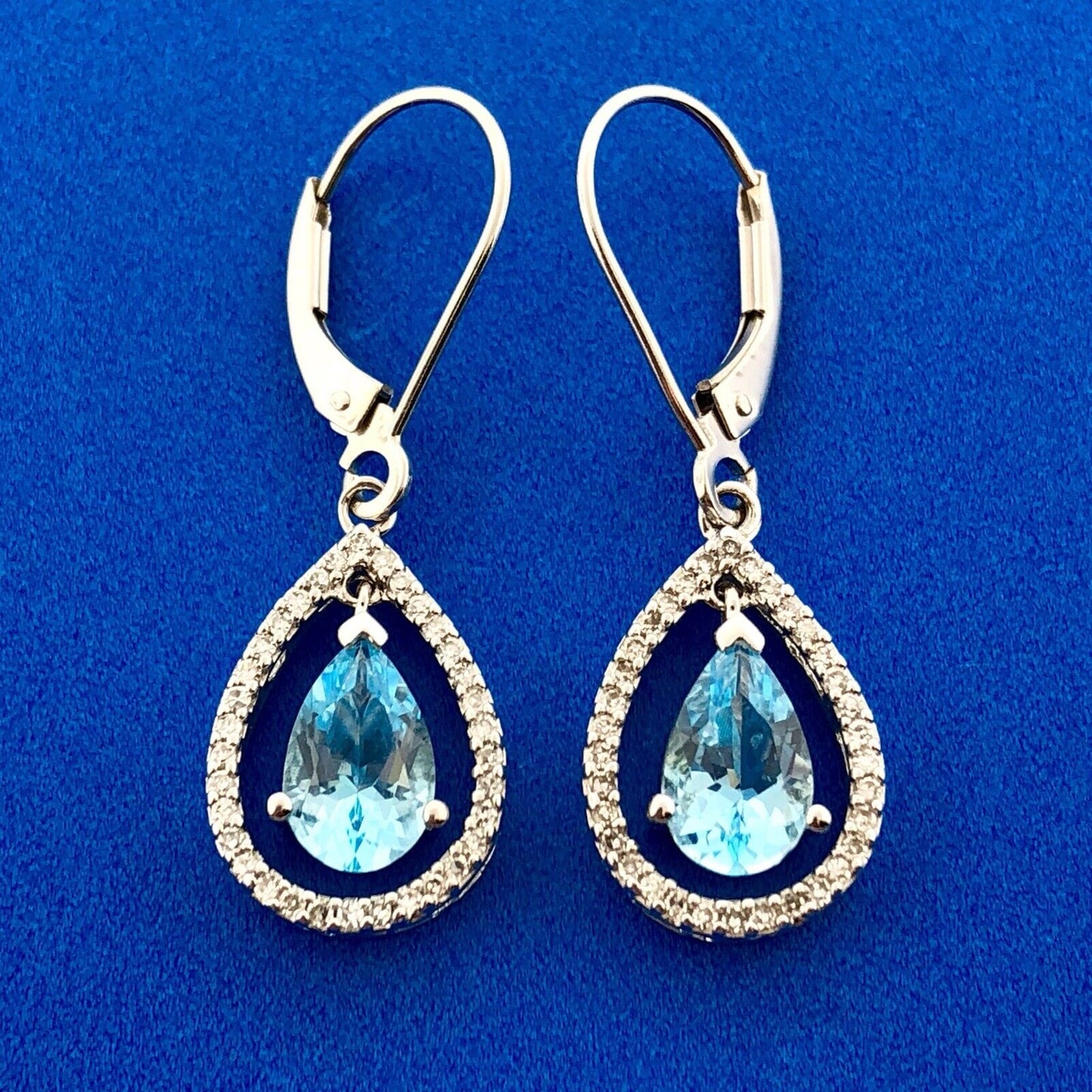 14k White Gold Pear Blue Topaz with Pave Diamond Halo Drop Dangle Earrings