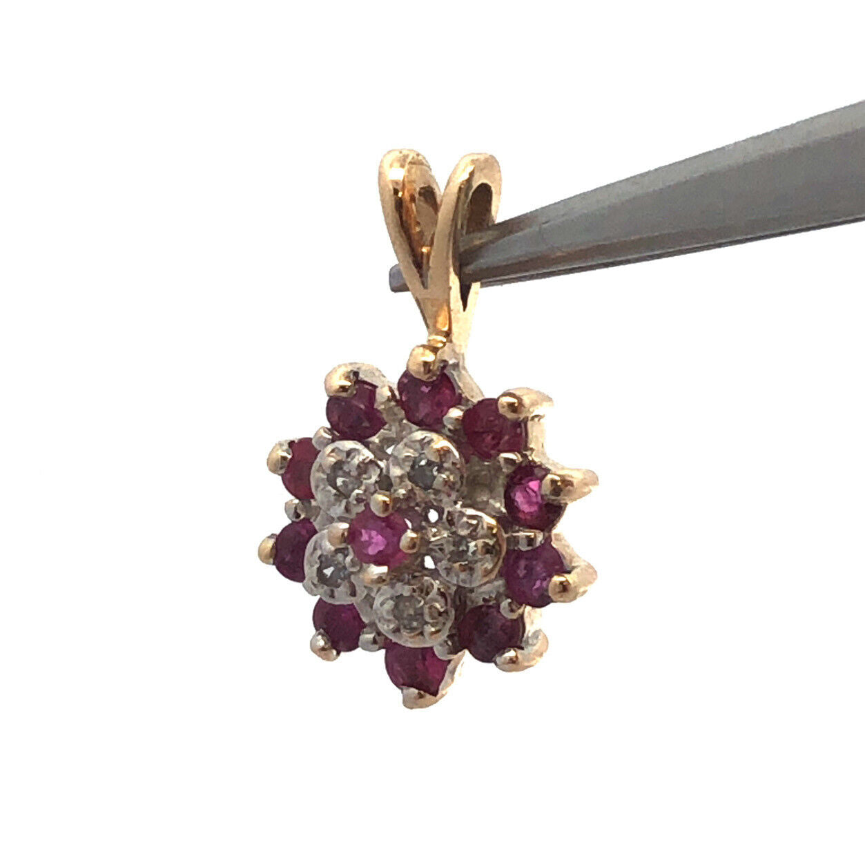 Vintage 14K Yellow Gold Round Ruby Diamond Cluster Flower Pendant
