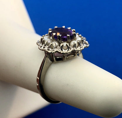 Estate 14K White Gold Amethyst Pearl Halo February Anniversary Sweetheart Ring