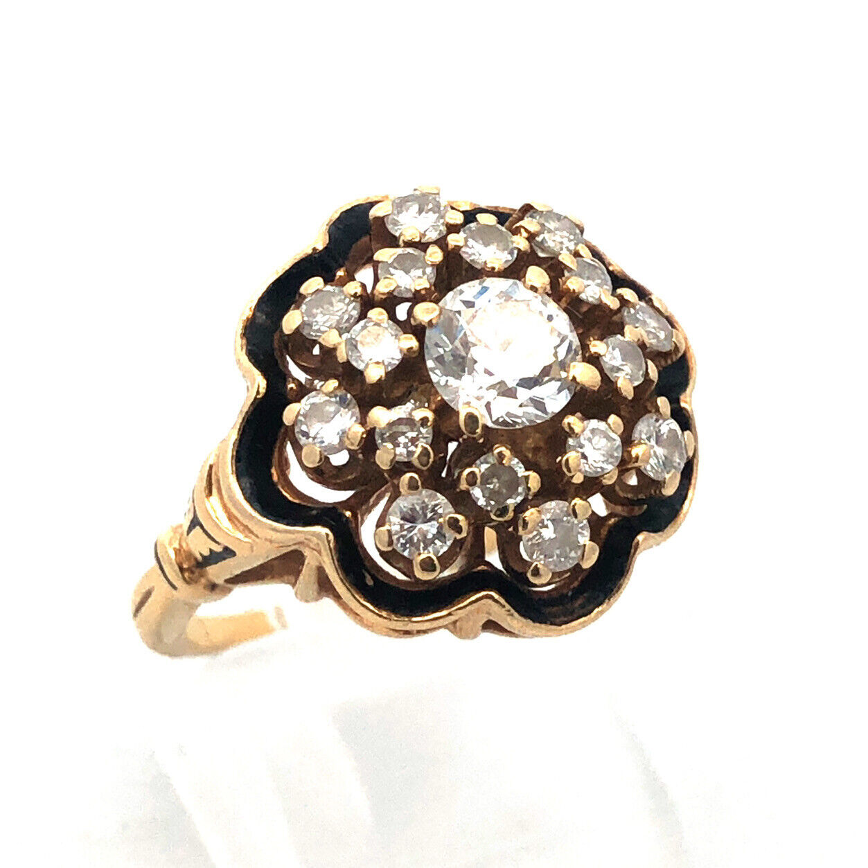 Gorgeous 14k Yellow Gold Diamond Black Enamel Georgian Cluster Ring Size 6.0