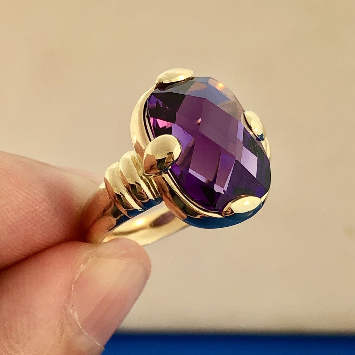Modernist 14K Yellow Gold Cushion Cut Rectangle Purple Gemstone Anniversary Ring