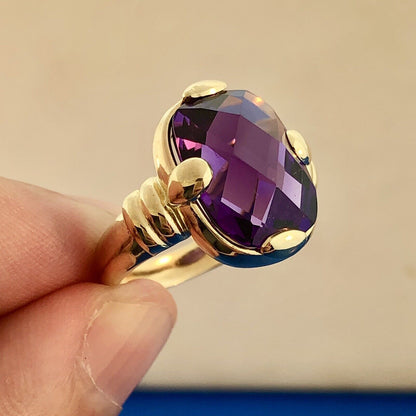 Modernist 14K Yellow Gold Cushion Cut Rectangle Purple Gemstone Anniversary Ring