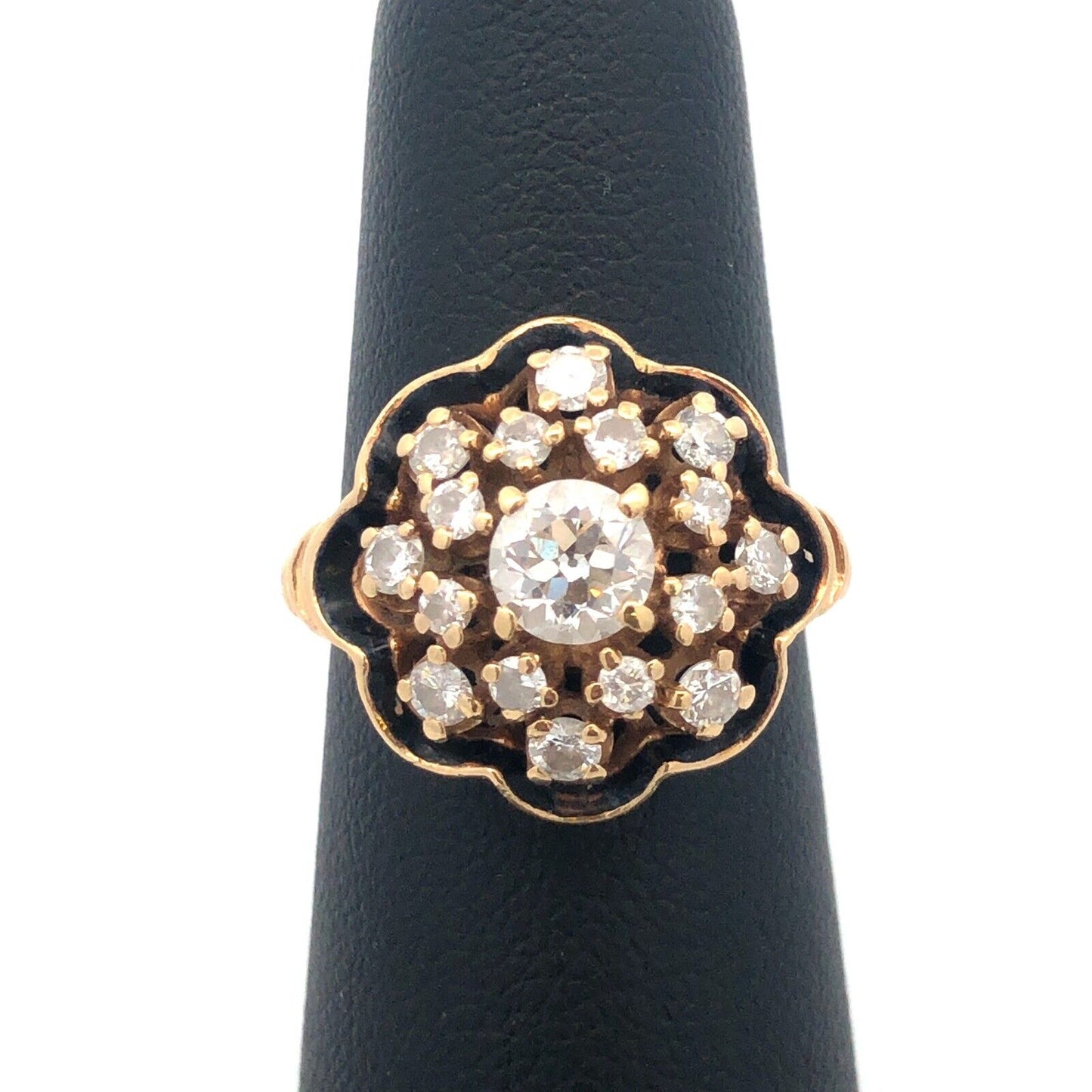 Gorgeous 14k Yellow Gold Diamond Black Enamel Georgian Cluster Ring Size 6.0