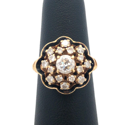 Gorgeous 14k Yellow Gold Diamond Black Enamel Georgian Cluster Ring Size 6.0