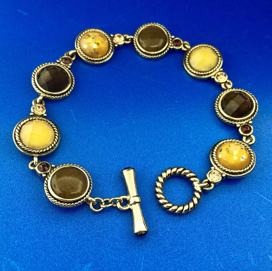 Ladies Gold Tone Brown Gold Amber Fauceted Resin Bead Panel Toggle Bracelet
