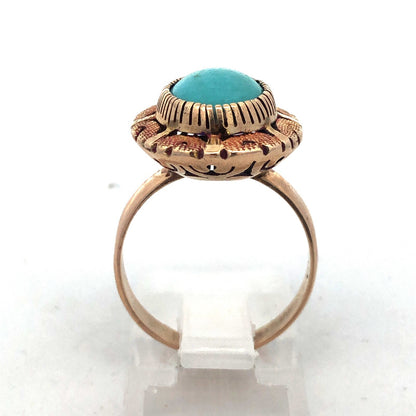 Retro 10K Yellow Rose Gold Oval Robins Egg Turquoise Statement Cocktail Ring