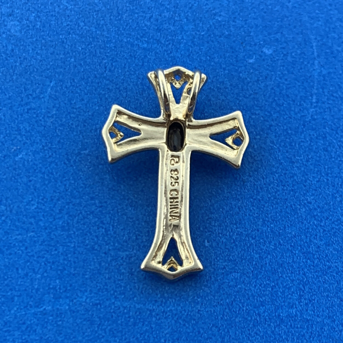 Designer 925 Sterling Silver Vermeil Oval Sapphire Two Tone Cross Pendant