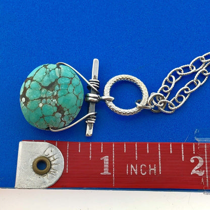Vintage Artisan 925 Sterling Silver Oval Turquoise Bead Link Chain Necklace