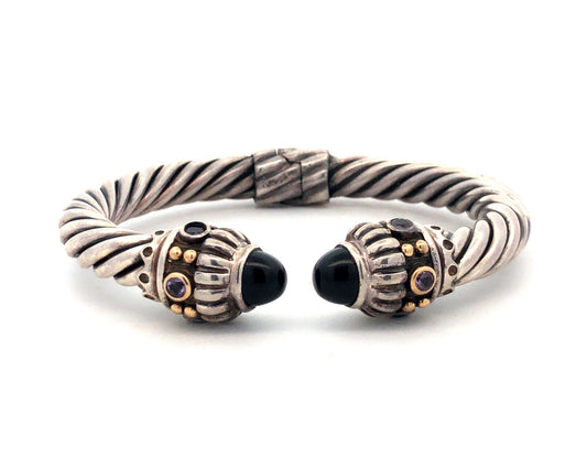 Designer 14K Gold 925 Sterling Silver Amethyst Black Onyx Cable Cuff Bracelet