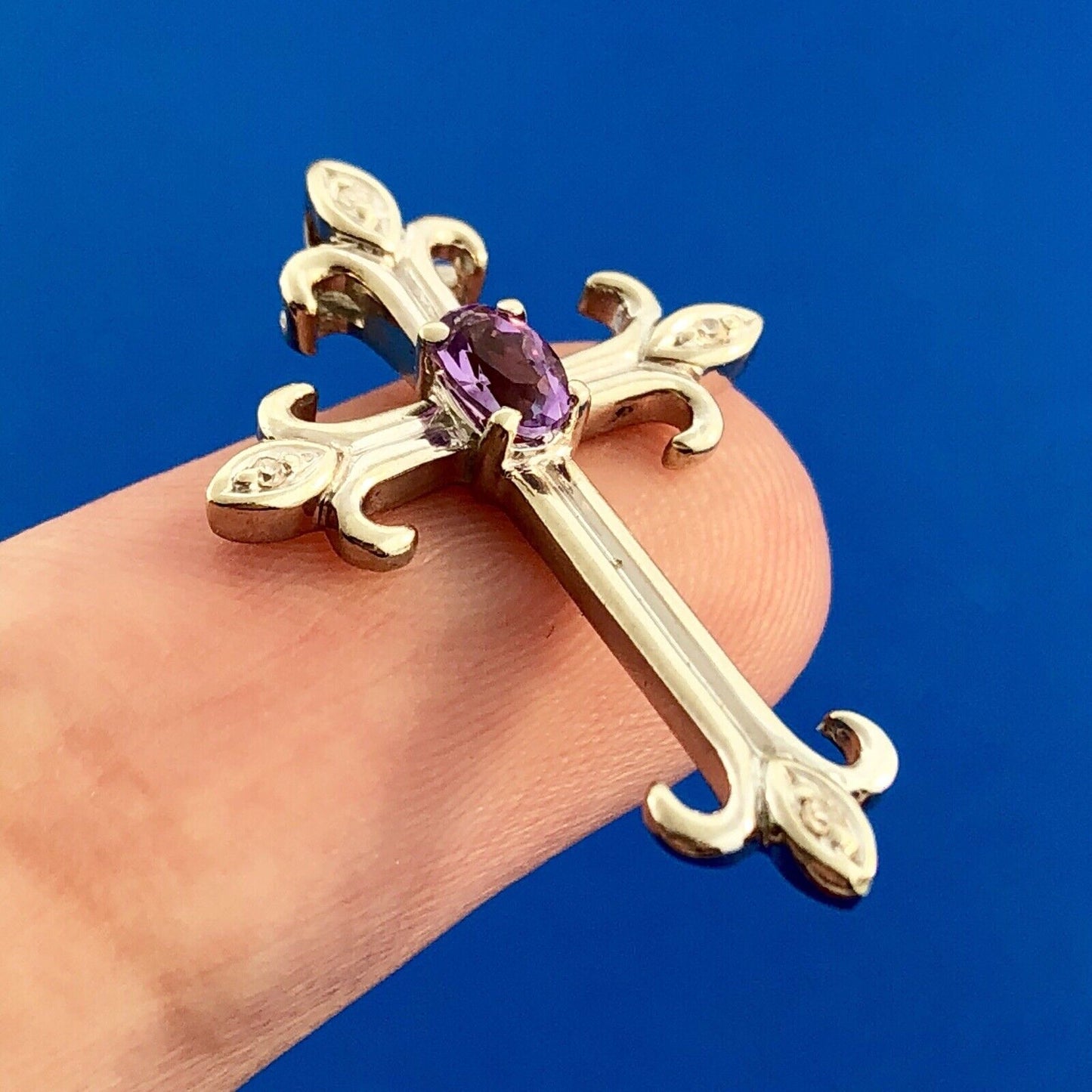 Designer 10K White Gold Amethyst Diamond Fleur De Lis Cross Religious Pendant
