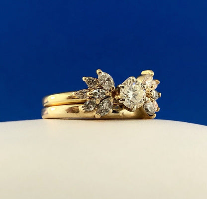 14K Yellow Gold Diamond Solitaire Floral Accent Guard Engagement Bridal Ring Set