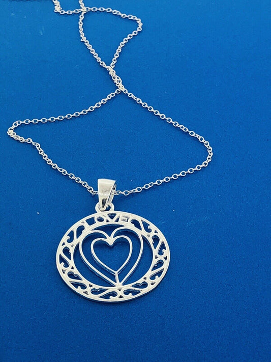 Sterling Silver 925 Heart Cutout Love Filigree Sweetheart Disc Pendant Necklace