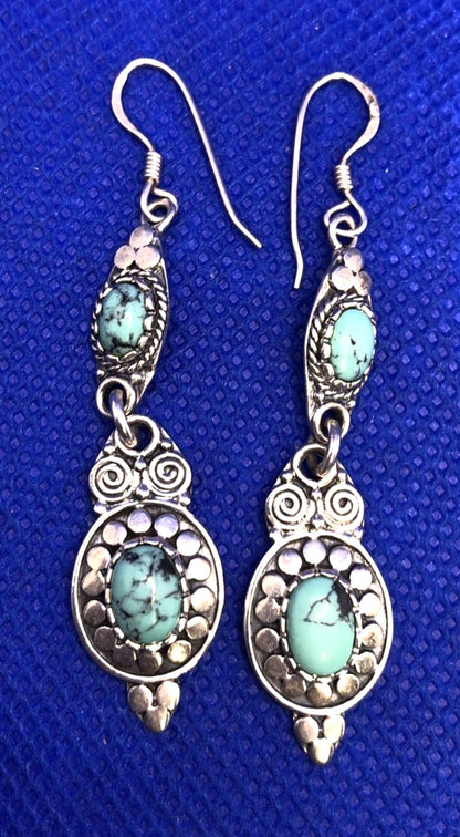 Native American Signed 925 sterling Silver Blue Turquoise Dangle Hook Earrings