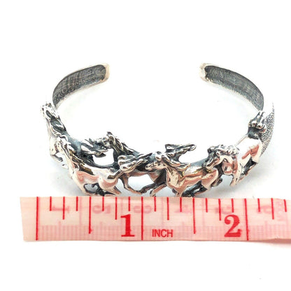 Vintage 925 Sterling Silver 3D Horse Galloping Equine Textured Cuff Bracelet