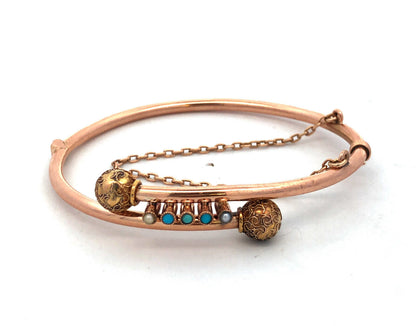 Vintage 10K Rose Gold Turquoise Pearl Textured Bypass Hinged Bangle Bracelet