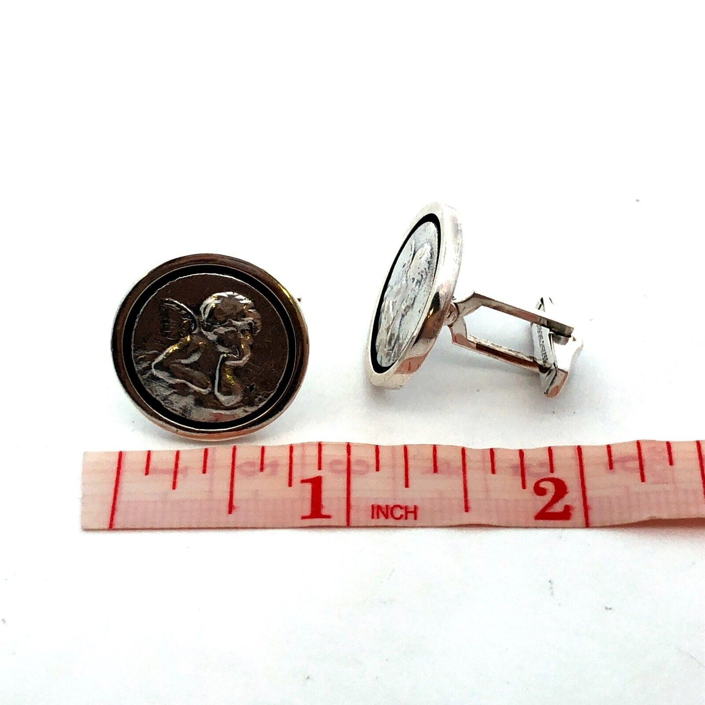925 Sterling Silver Designer Round Cherub Angel Cufflinks