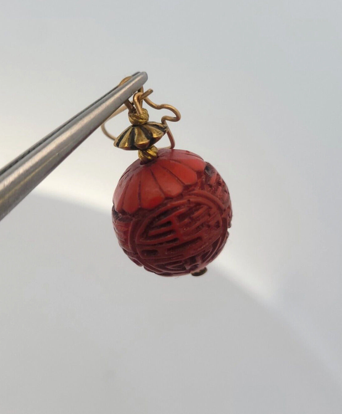 Vintage Gold Tone Carved Red Resin Faux Cinnabar Necklace Earrings 3 Piece Set