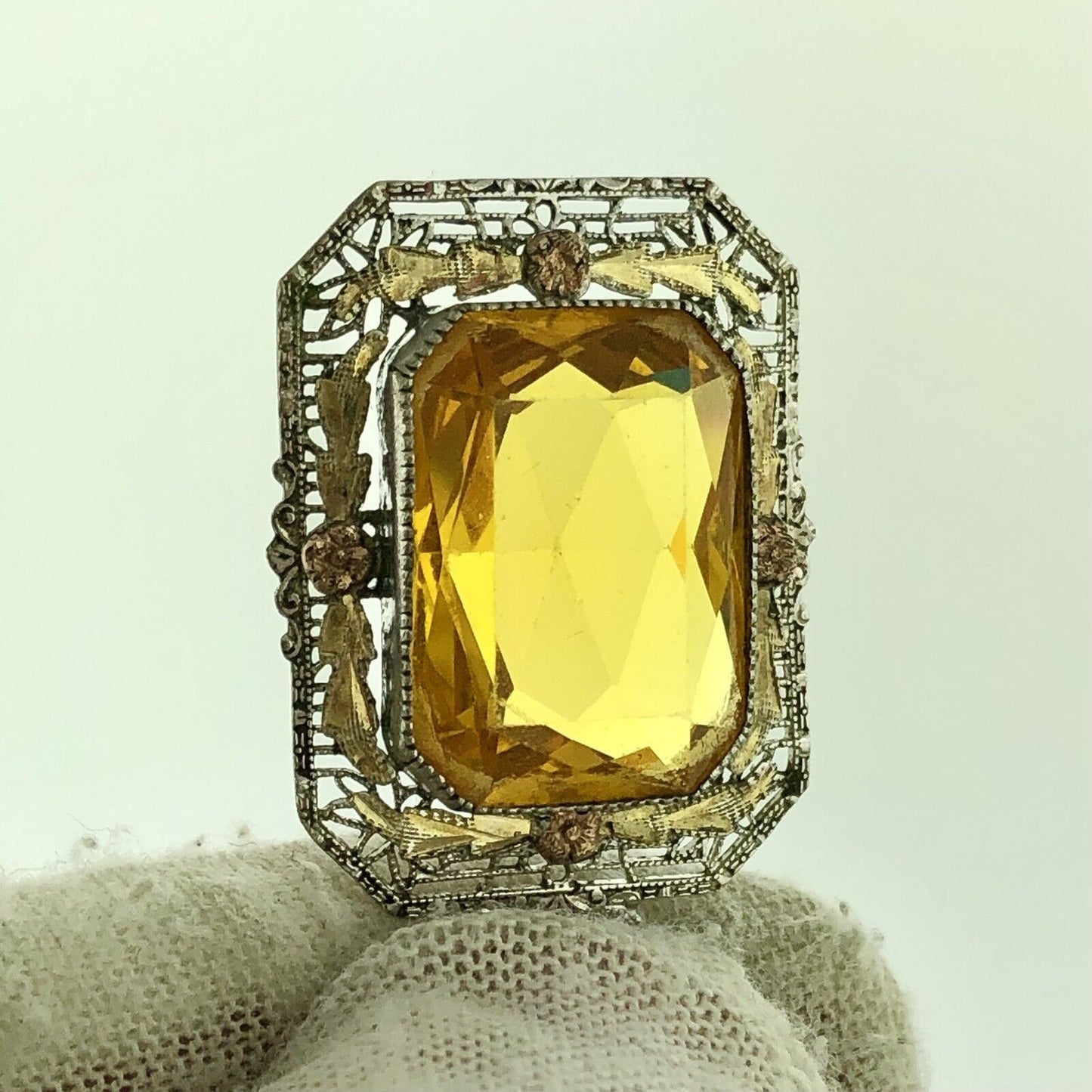 Italy 925 Sterling Silver 14K Yellow Gold Lemon Quartz Filigree Floral Necklace