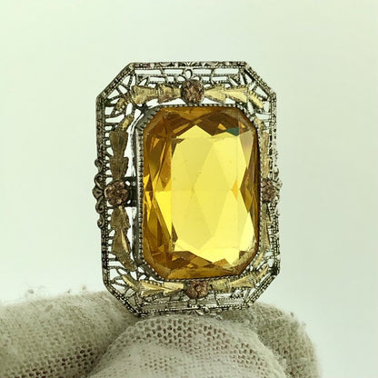 Italy 925 Sterling Silver 14K Yellow Gold Lemon Quartz Filigree Floral Necklace