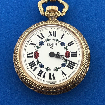 Elgin Gold Tone Ornate 17 Jewels Ladies Floral Pendant Watch With Chain Fob/Box