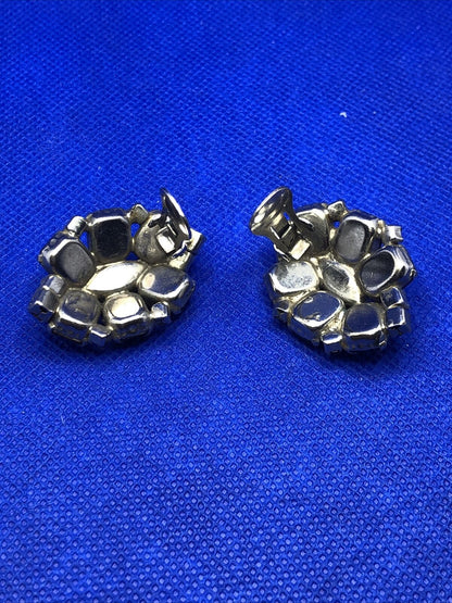Mid Century Silver Tone Red Glass Rhinestone Statement Clip On Stud Earrings