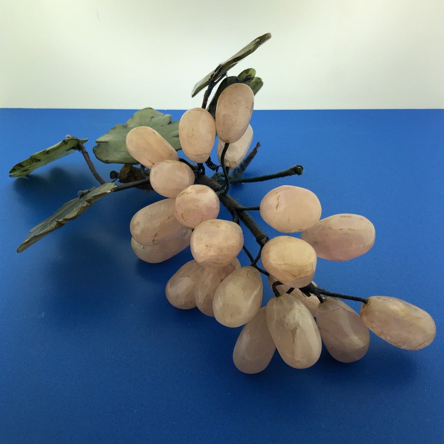 Mid Century Rose Quartz Grape Cluster Hand Carved Jade Leaves Decorative