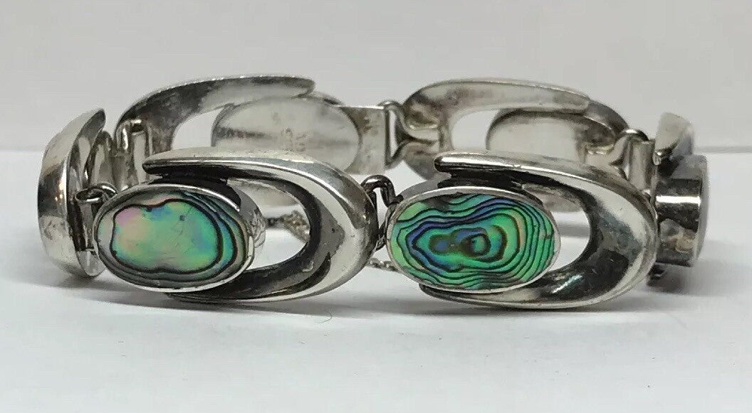 Vintage Artisan ND Sterling Silver 925 Abalone Shell Horse Shoe Link Bracelet