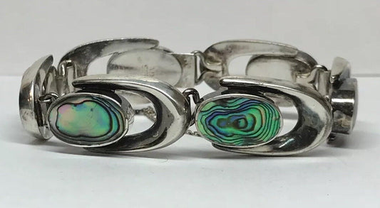 Vintage Artisan ND Sterling Silver 925 Abalone Shell Horse Shoe Link Bracelet