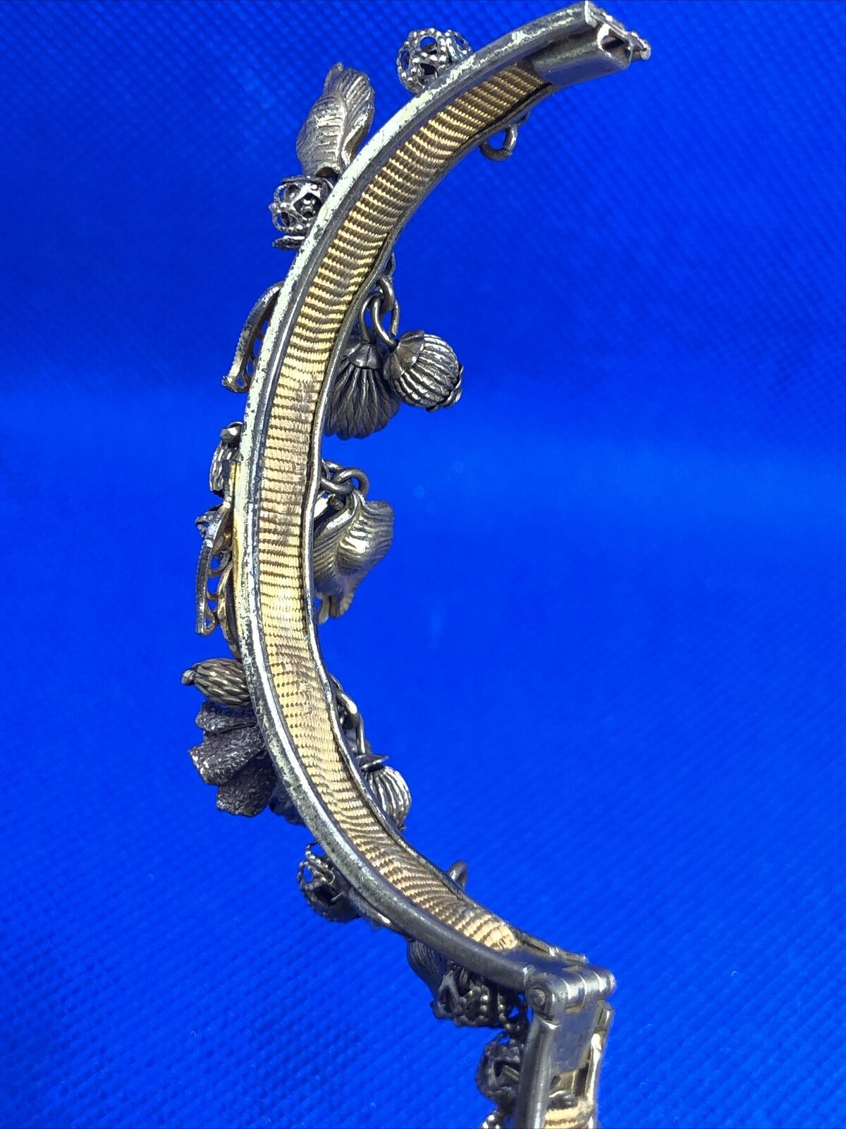 Art Nouveau Gold Tone Floral Theme Dangle Charm Hinged Cuff Bracelet