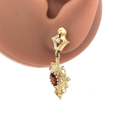 Vintage 14K Yellow Gold Oval Garnet Seed Pearl Dangle Drop Earrings