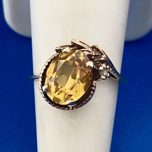 Retro TCI 10K Yellow Gold Oval Citrine Diamond Accent November Anniversary Ring